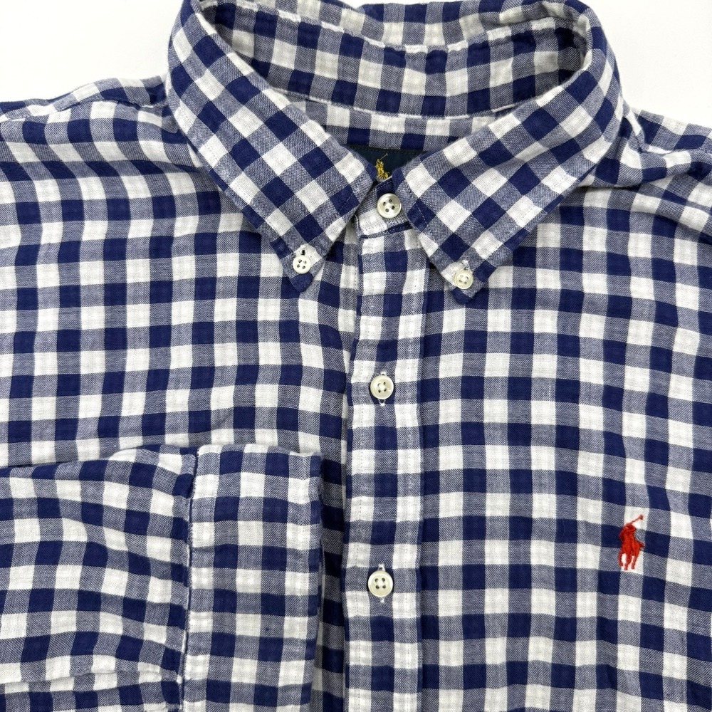Ralph Lauren Button Down Men XL Navy Gingham Plaid Long Sleeve Pony Logo Shirt